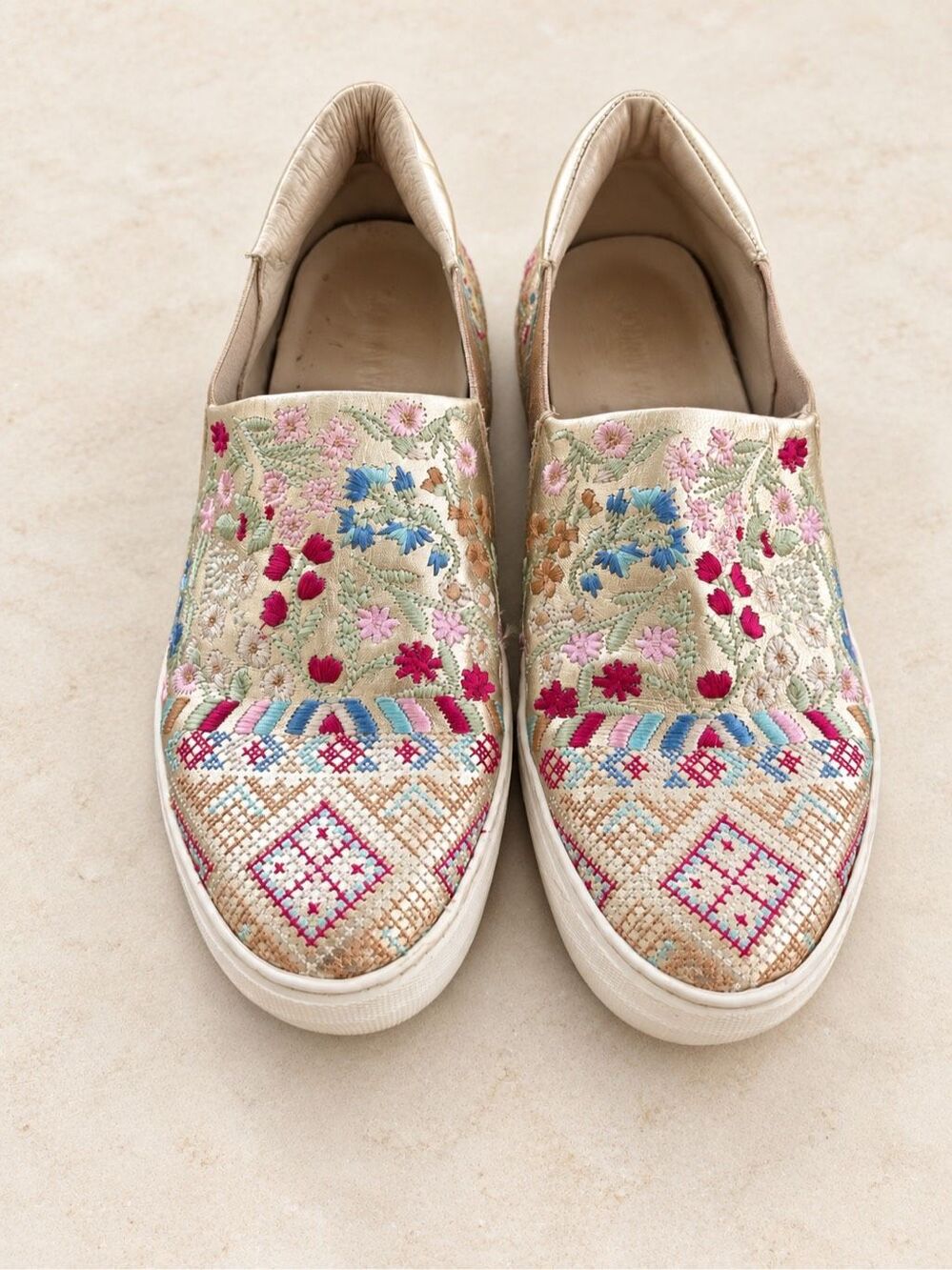 Johnny Was Vinny Morraco boho Embroidered Leather Slip-On Sneakers, Sz 38, $295